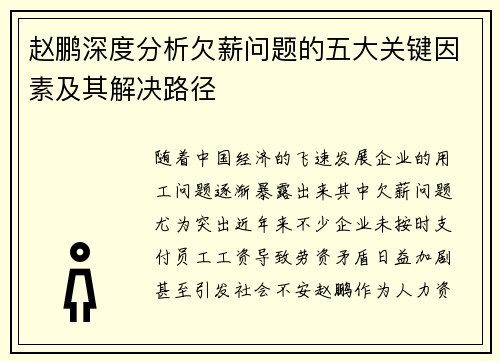 赵鹏深度分析欠薪问题的五大关键因素及其解决路径 赵鹏深度分析欠薪问题的五大关键因素及其解决路径