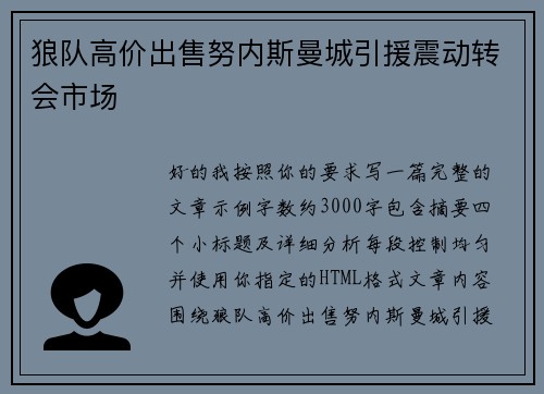 狼队高价出售努内斯曼城引援震动转会市场