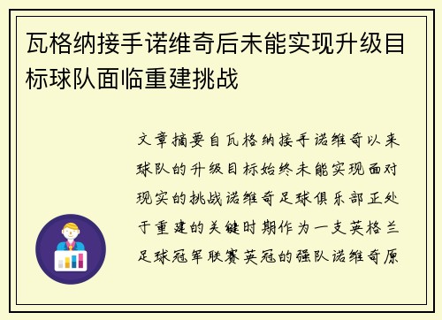 瓦格纳接手诺维奇后未能实现升级目标球队面临重建挑战