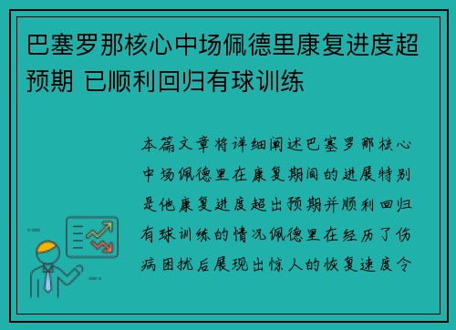 巴塞罗那核心中场佩德里康复进度超预期 已顺利回归有球训练