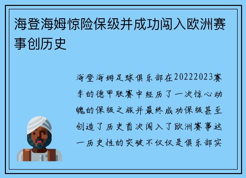 海登海姆惊险保级并成功闯入欧洲赛事创历史 海登海姆惊险保级并成功闯入欧洲赛事创历史